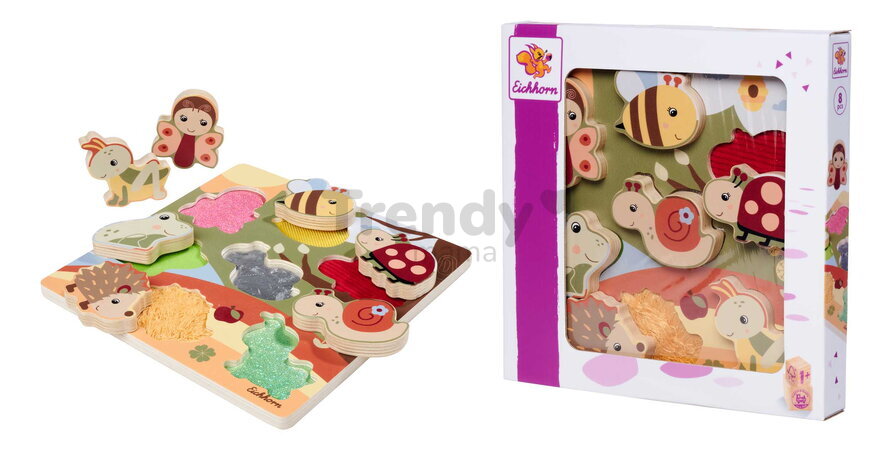 Drevené puzzle s textilnou štruktúrou Zvieratká Feel Puzzle with Fabric Eichhorn 7 vkladacích kociek so zvieratkami od 12 mes