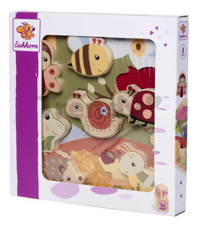 Drevené puzzle s textilnou štruktúrou Zvieratká Feel Puzzle with Fabric Eichhorn 7 vkladacích kociek so zvieratkami od 12 mes