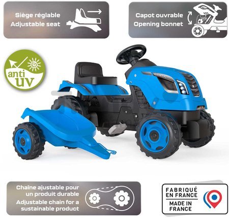 Traktor na šľapanie a príves Farmer XL Blue Tractor+Trailer Smoby modrý s polohovateľným sedadlom a so zvukom 142 cm