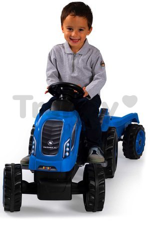 Traktor na šľapanie a príves Farmer XL Blue Tractor+Trailer Smoby modrý s polohovateľným sedadlom a so zvukom 142 cm