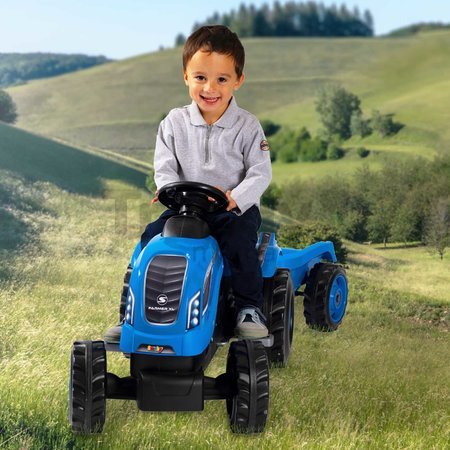 Traktor na šľapanie a príves Farmer XL Blue Tractor+Trailer Smoby modrý s polohovateľným sedadlom a so zvukom 142 cm