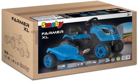 Traktor na šľapanie a príves Farmer XL Blue Tractor+Trailer Smoby modrý s polohovateľným sedadlom a so zvukom 142 cm