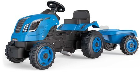 Traktor na šľapanie a príves Farmer XL Blue Tractor+Trailer Smoby modrý s polohovateľným sedadlom a so zvukom 142 cm