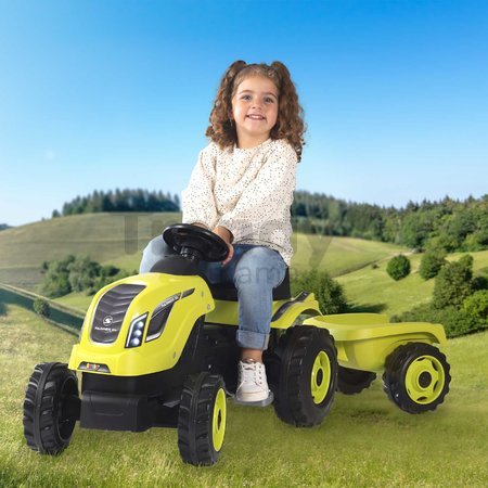 Traktor na šľapanie a príves Farmer XL GreenTractor+Trailer Smoby zelený s polohovateľným sedadlom a so zvukom 142 cm