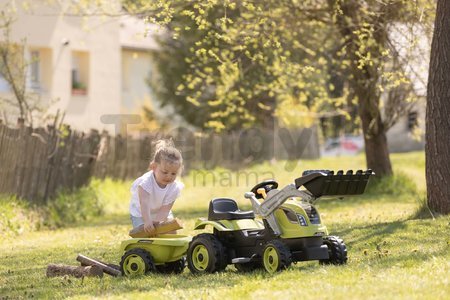 Traktor na šľapanie s nakladačom a príves Farmer Max Green Tractor+Trailer Smoby zelený s polohovateľným sedadlom a so zvukom 169 cm