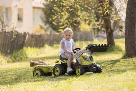 Traktor na šľapanie s nakladačom a príves Farmer Max Green Tractor+Trailer Smoby zelený s polohovateľným sedadlom a so zvukom 169 cm