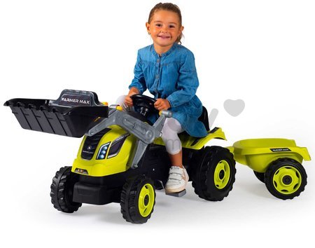 Traktor na šľapanie s nakladačom a príves Farmer Max Green Tractor+Trailer Smoby zelený s polohovateľným sedadlom a so zvukom 169 cm
