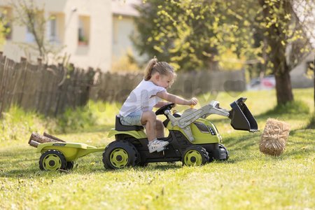 Traktor na šľapanie s nakladačom a príves Farmer Max Green Tractor+Trailer Smoby zelený s polohovateľným sedadlom a so zvukom 169 cm