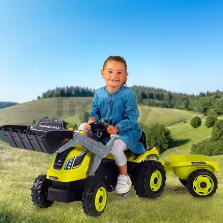 Traktor na šľapanie s nakladačom a príves Farmer Max Green Tractor+Trailer Smoby zelený s polohovateľným sedadlom a so zvukom 169 cm