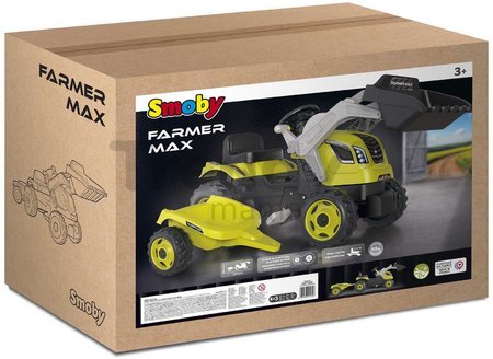 Traktor na šľapanie s nakladačom a príves Farmer Max Green Tractor+Trailer Smoby zelený s polohovateľným sedadlom a so zvukom 169 cm