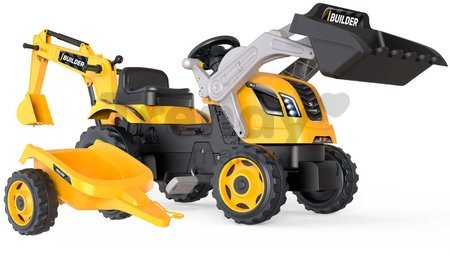 Traktor na šliapanie s nakladačom a bagrom Builder Max Tractor+Trailer Smoby s polohovateľným sedadlom a so zvukom 182 cm