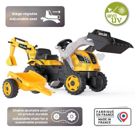 Traktor na šliapanie s nakladačom a bagrom Builder Max Tractor+Trailer Smoby s polohovateľným sedadlom a so zvukom 182 cm