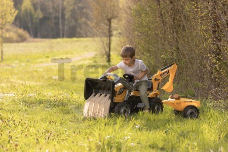 Traktor na šliapanie s nakladačom a bagrom Builder Max Tractor+Trailer Smoby s polohovateľným sedadlom a so zvukom 182 cm