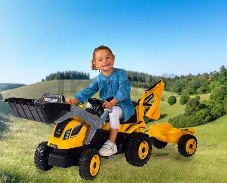 Traktor na šliapanie s nakladačom a bagrom Builder Max Tractor+Trailer Smoby s polohovateľným sedadlom a so zvukom 182 cm