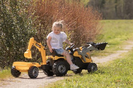 Traktor na šliapanie s nakladačom a bagrom Builder Max Tractor+Trailer Smoby s polohovateľným sedadlom a so zvukom 182 cm