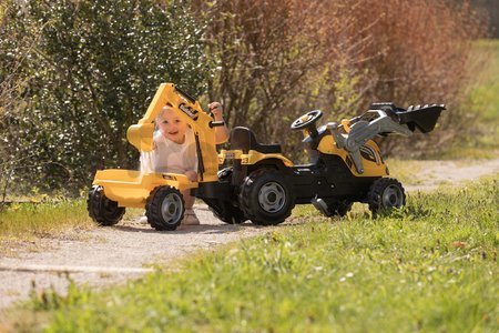 Traktor na šliapanie s nakladačom a bagrom Builder Max Tractor+Trailer Smoby s polohovateľným sedadlom a so zvukom 182 cm