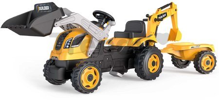 Traktor na šliapanie s nakladačom a bagrom Builder Max Tractor+Trailer Smoby s polohovateľným sedadlom a so zvukom 182 cm