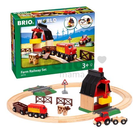 Drevená vláčikodráha Farma Railway Set Farm BRIO 20 dielov s vláčikom traktorom a magnetický žeriav od 3 rokov BRIO7198