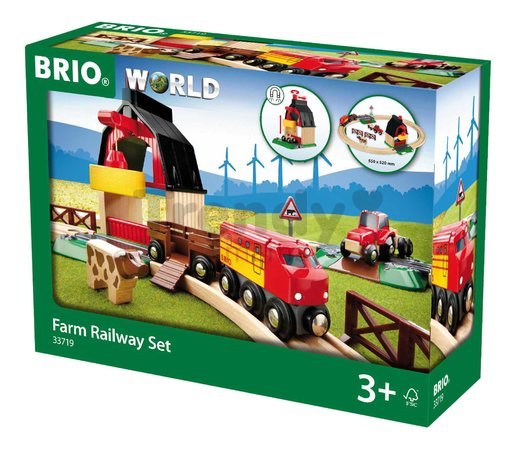 Drevená vláčikodráha Farma Railway Set Farm BRIO 20 dielov s vláčikom traktorom a magnetický žeriav od 3 rokov BRIO7198