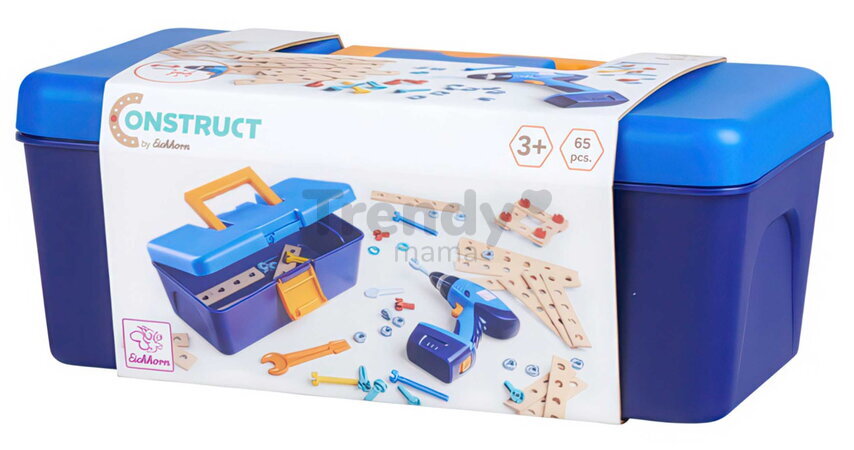 Drevená stavebnica s vŕtačkou v kufríku Construct Toolbox with Drill Eichhorn s vymeniteľnými nadstavcami 65 dielov od 3 rokov EH7203