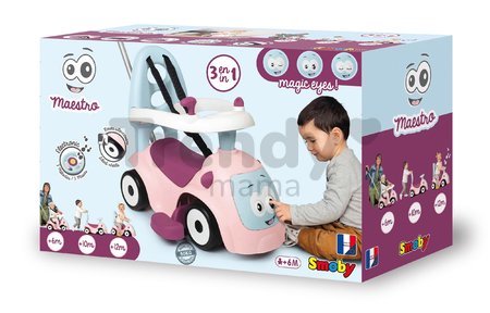 Odrážadlo rozšíriteľné Maestro Ride-On Pink 3in1 Smoby s 3 zvukmi a vodiaca tyč s ohrádkou - magické oči od 6 mes