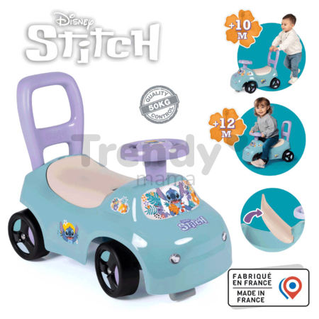 Odrážadlo a chodítko 2v1 Stitch Car Ride On Smoby s úložným priestorom pod ergonomickým sedadlom s opierkou od 10 mes