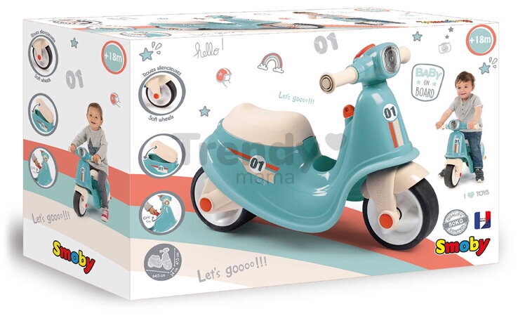 Bébitaxi robogó reflektorral Scooter Blue Smoby gumikerekekkel kék-szürke 18 hónapos kortól