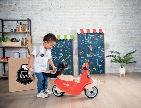 Odrážadlo Donáška Jedla Scooter Ride-On Food Express Smoby s uzamykateľným kufrom a tiché gumené kolesá od 18 mes