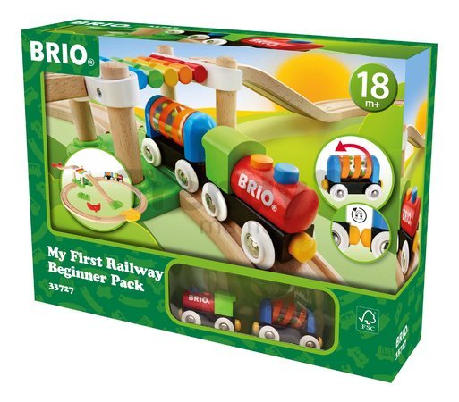 Drevená vláčikodráha pre najmenších My First Railway Beginner Pack BRIO 18 dielov a vláčik s vagónom s pohyblivými guľôčkami od 18 mes BRIO7273