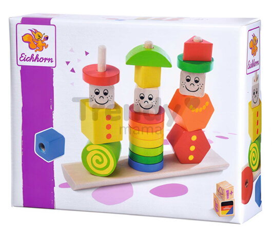 Drevená skladačka figúrky Stacking Puzzle Figures Eichhorn farebné a vzorované tvary 21 dielov od 12 mes