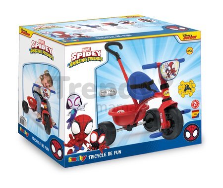 Trojkolka Spidey Be Fun Tricycle Smoby s vodiacou tyčou a voľnobehom od 15 mes