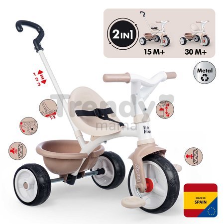 Trojkolka s voľnobehom Be Move Tricycle Beige Smoby s nastaviteľnou 95 cm vodiacou tyčou a tichými EVA kolesami béžová od 15 mes