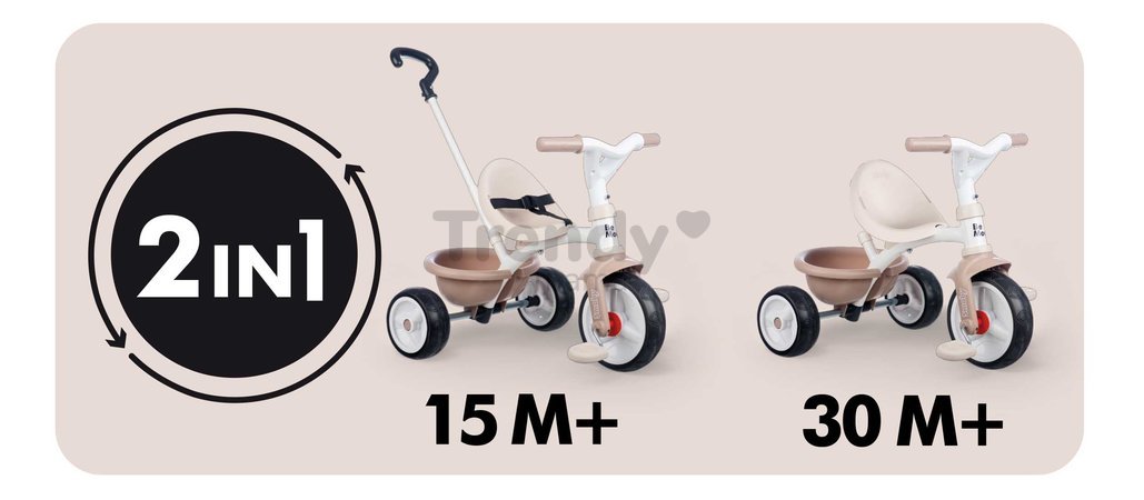 Trojkolka s voľnobehom Be Move Tricycle Beige Smoby s nastaviteľnou 95 cm vodiacou tyčou a tichými EVA kolesami béžová od 15 mes