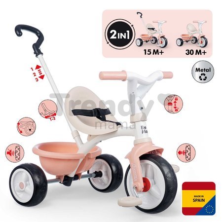 Trojkolka s voľnobehom Be Move Tricycle Pink Smoby s nastaviteľnou 95 cm vodiacou tyčou a tichými EVA kolesami ružová od 15 mes