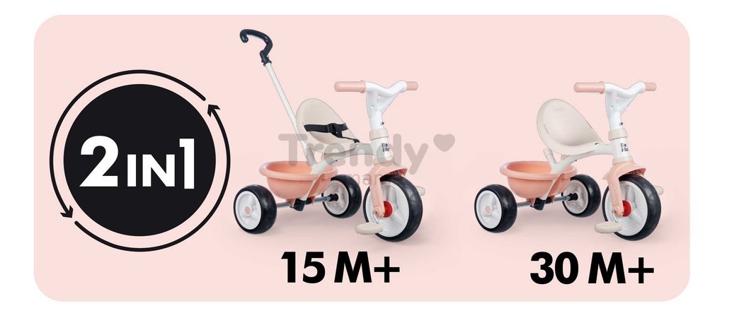 Trojkolka s voľnobehom Be Move Tricycle Pink Smoby s nastaviteľnou 95 cm vodiacou tyčou a tichými EVA kolesami ružová od 15 mes