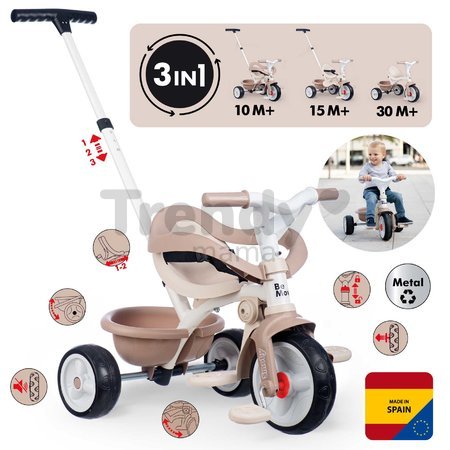 Trojkolka s voľnobehom Be Move Comfort Tricycle Beige Smoby s nastaviteľnou vodiacou rúčkou a ochrannou hrazdou s tichými EVA kolesami béžová od 10 me