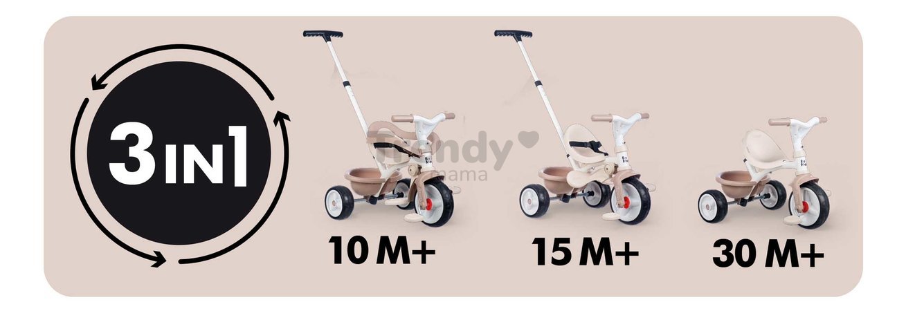 Trojkolka s voľnobehom Be Move Comfort Tricycle Beige Smoby s nastaviteľnou vodiacou rúčkou a ochrannou hrazdou s tichými EVA kolesami béžová od 10 me