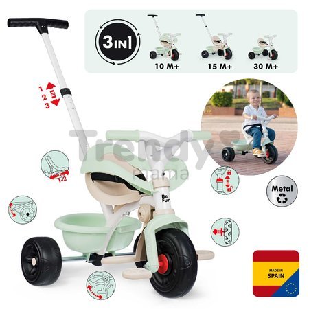 Trojkolka s voľnobehom Be Fun Comfort Tricycle Smoby s nastaviteľnou vodiacou rúčkou a ochrannou hrazdou zelená od 10 mes