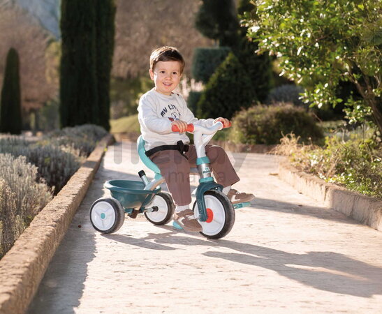 Trojkolka s opierkou a voľnobehom Be Move Comfort Blue Tricycle Smoby s nastaviteľnou vodiacou tyčou a tichými EVA kolesami od 10 mes