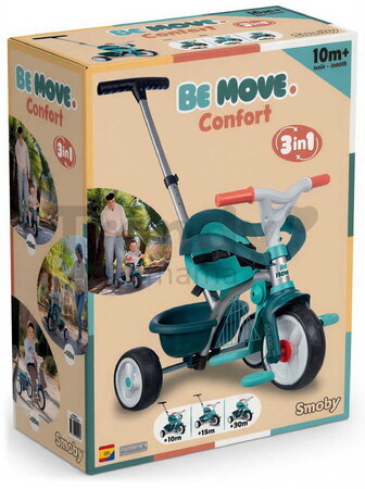 Trojkolka s opierkou a voľnobehom Be Move Comfort Blue Tricycle Smoby s nastaviteľnou vodiacou tyčou a tichými EVA kolesami od 10 mes