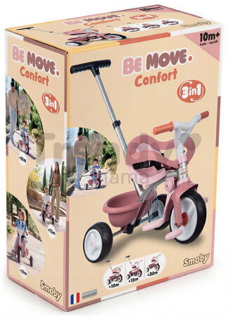 Trojkolka s opierkou a voľnobehom Be Move Comfort Pink Tricycle Smoby s nastaviteľnou vodiacou tyčou a tichými EVA kolesami od 10 mes