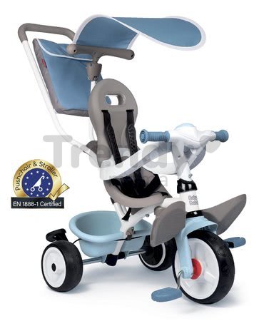 Trojkolka a kočík v jednom s vysokou opierkou Baby Balade Plus Tricycle Blue Smoby s brzdou a EVA kolesami modrá od 10 mes