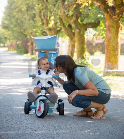 Trojkolka a kočík v jednom s vysokou opierkou Baby Balade Plus Tricycle Blue Smoby s brzdou a EVA kolesami modrá od 10 mes