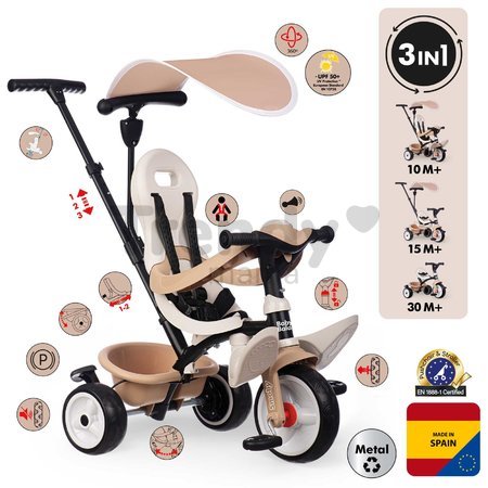 Trojkolka a kočík v jednom s vysokou opierkou Baby Balade Tricycle Beige Smoby so slnečníkom brzdou a tichými EVA kolesami béžová od 10 mes