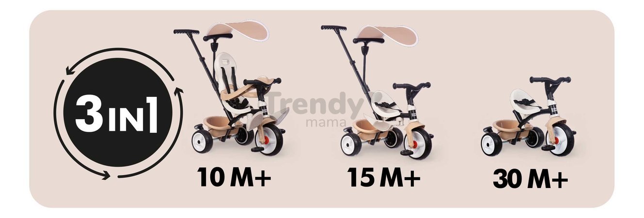 Trojkolka a kočík v jednom s vysokou opierkou Baby Balade Tricycle Beige Smoby so slnečníkom brzdou a tichými EVA kolesami béžová od 10 mes