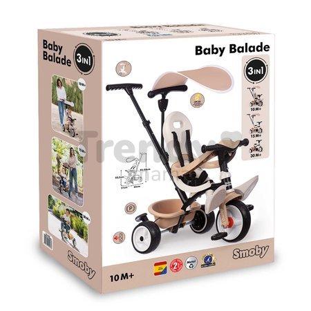 Trojkolka a kočík v jednom s vysokou opierkou Baby Balade Tricycle Beige Smoby so slnečníkom brzdou a tichými EVA kolesami béžová od 10 mes