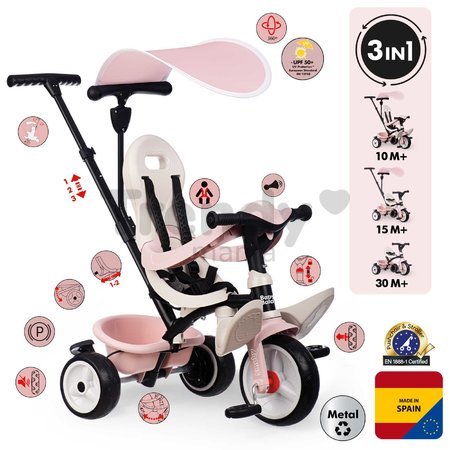Trojkolka a kočík v jednom s vysokou opierkou Baby Balade Tricycle Pink Smoby so slnečníkom brzdou a tichými EVA kolesami ružová od 10 mes