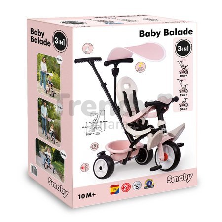 Trojkolka a kočík v jednom s vysokou opierkou Baby Balade Tricycle Pink Smoby so slnečníkom brzdou a tichými EVA kolesami ružová od 10 mes