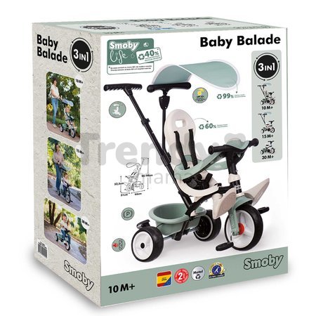 Trojkolka a kočík v jednom s vysokou opierkou Baby Balade Tricycle Life Smoby so slnečníkom brzdou a tichými EVA kolesami zelená od 10 mes