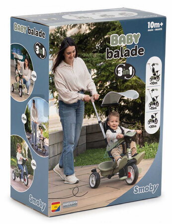 Trojkolka a kočík 2v1 s vysokou opierkou Baby Balade Tricycle Green Smoby s brzdou slnečníkom a tichými EVA kolesami od 10 mes